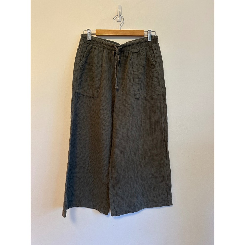 Splendid  Cotton Gauze Wide Leg Cropped Drawstring Pants in Olive Green | Medium
